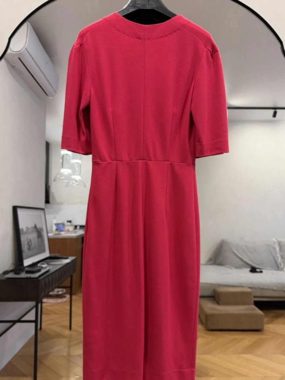 Red Midi Dress V-Neck Short Sleeve Elegant Minimalist